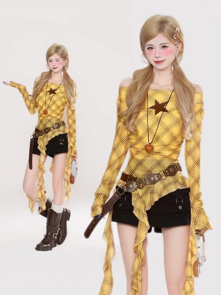 Y2K Plaid Slash Neck Vintage T – Embroidery A recenzja i cena