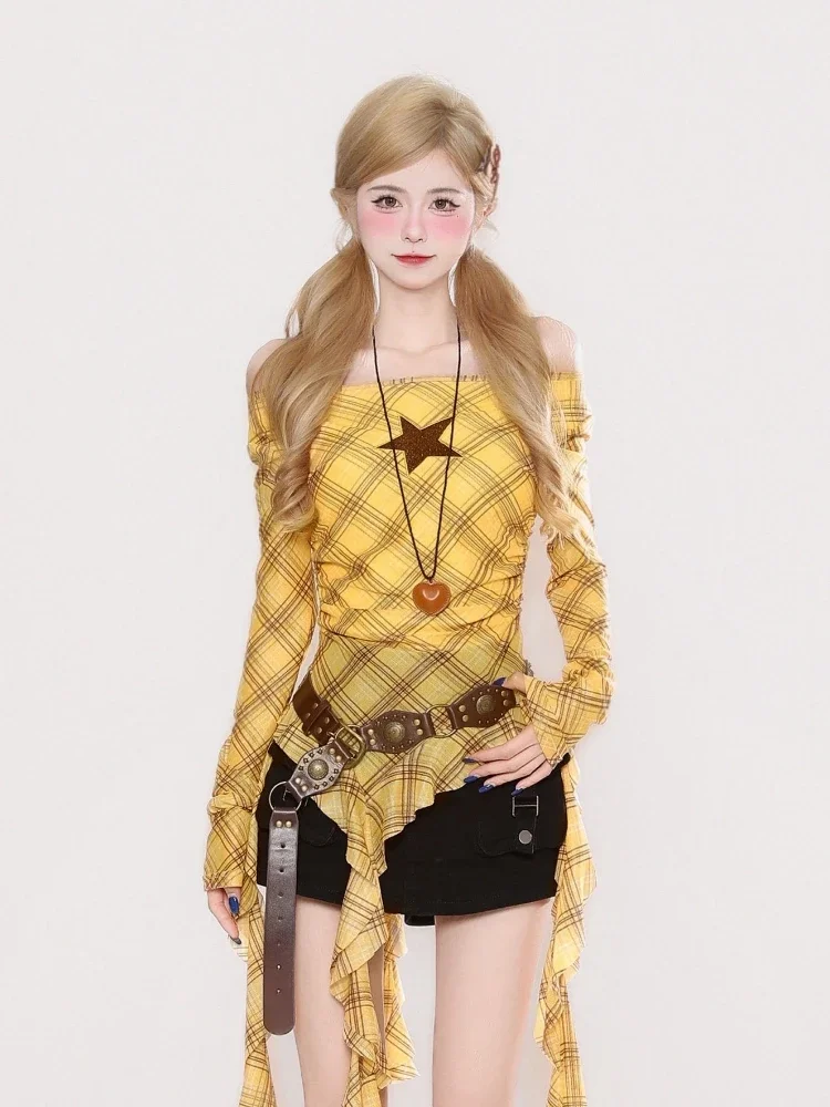Y2K Plaid Slash Neck Vintage T – Embroidery A recenzja i cena