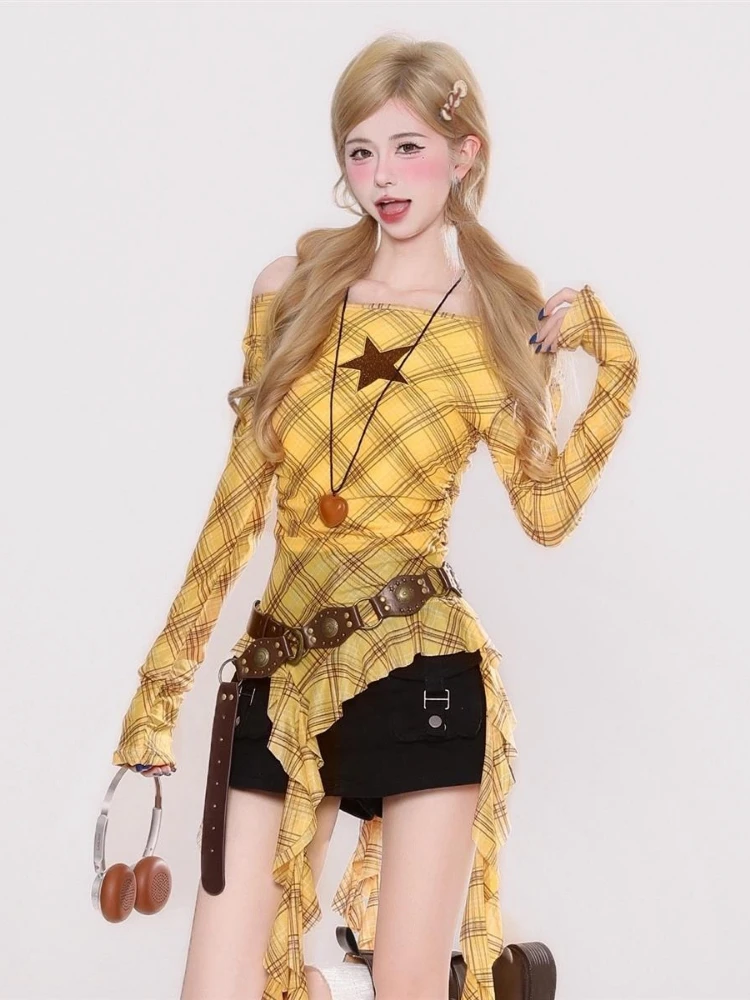 Y2K Plaid Slash Neck Vintage T – Embroidery A recenzja i cena