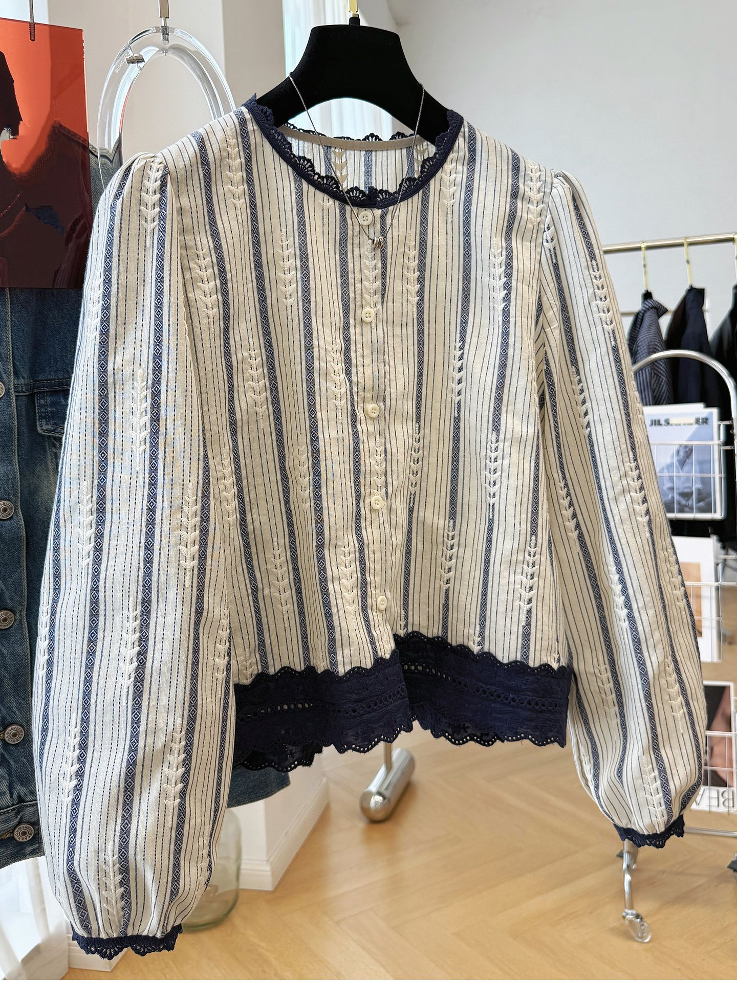 Women's Striped Lace Trim Blou – Embroidery A recenzja i cena