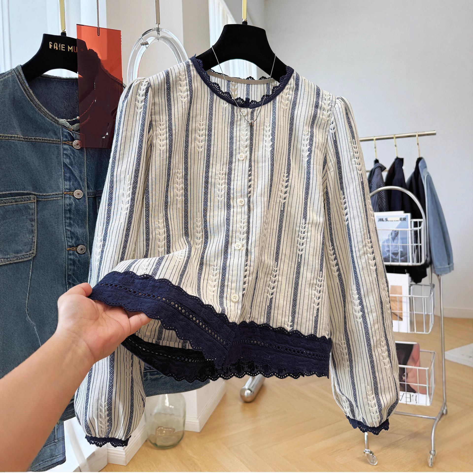 Women's Striped Lace Trim Blou – Embroidery A recenzja i cena